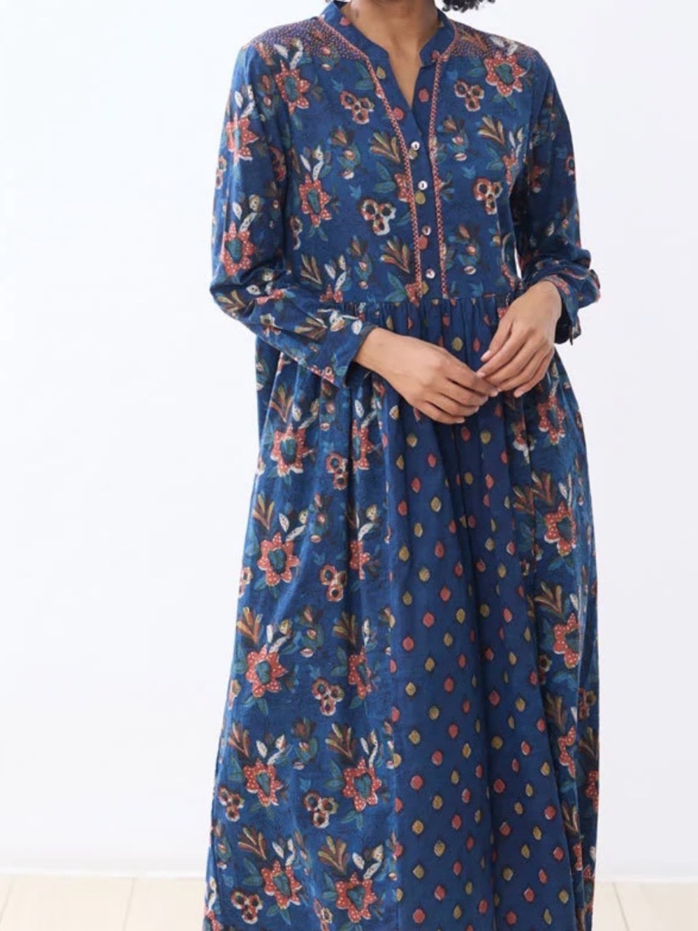 Marketplace Blue Floral Long-Sleeve Maxi Dress with Button Bodice